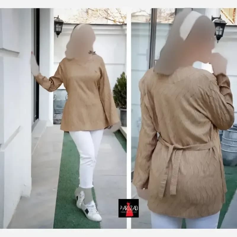 تونیک بهاره نخی طرح موجی کمربندی مناسب سایز 40 تا 46 قد 76 سانت — تصویر ۳