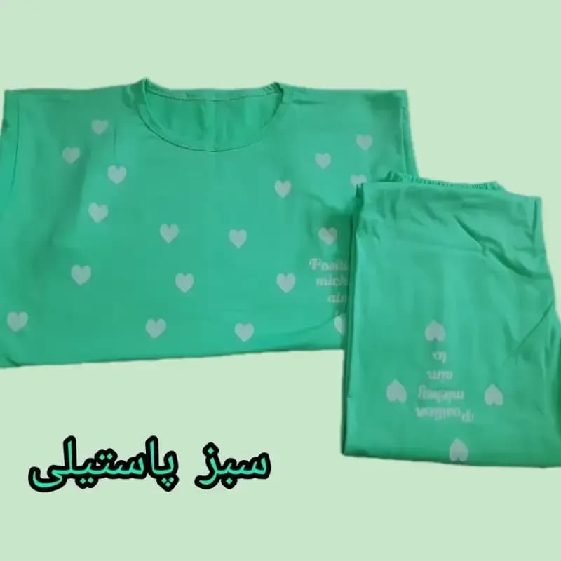 ست تیشرت و شلوار زنانه طرح قلبی جنس نخ ویسکوز سایز 38 تا 48 — تصویر ۶