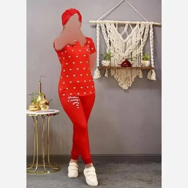 ست تیشرت و شلوار زنانه طرح قلبی جنس نخ ویسکوز سایز 38 تا 48 — تصویر ۹