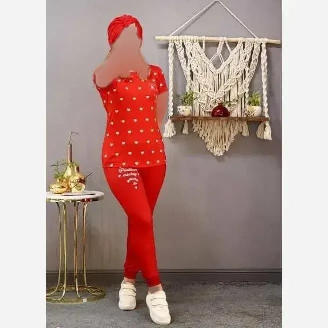 ست تیشرت و شلوار زنانه طرح قلبی جنس نخ ویسکوز سایز 38 تا 48