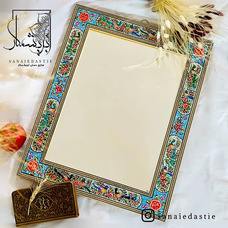 آینه طرح گل و مرغ زمینه فیروزه ای سایز ۴۰×۵۰