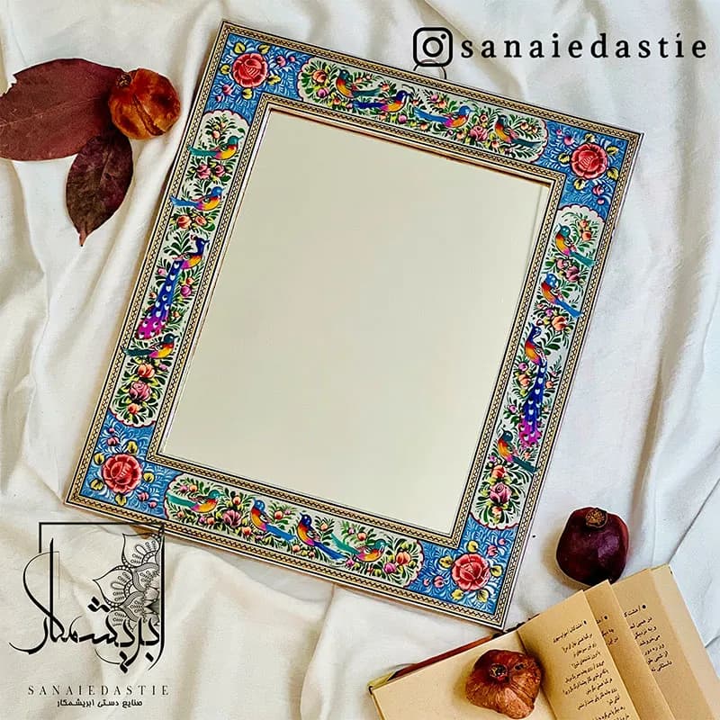 آینه طرح گل و مرغ زمینه فیروزه‌ای سایز 34×40