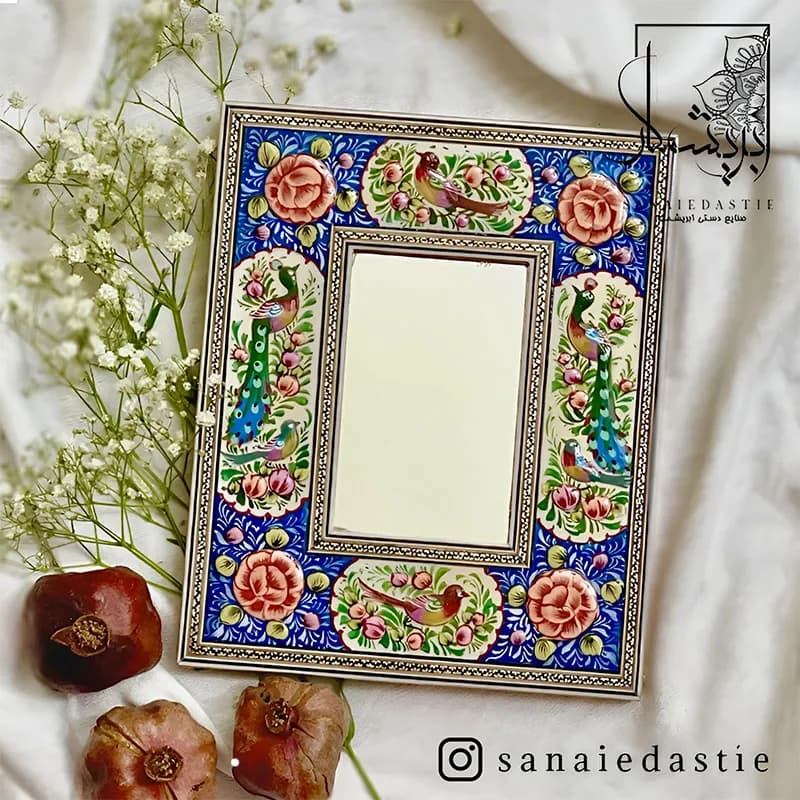 آینه طرح گل و مرغ زمینه لاجوردی سایز 18×22