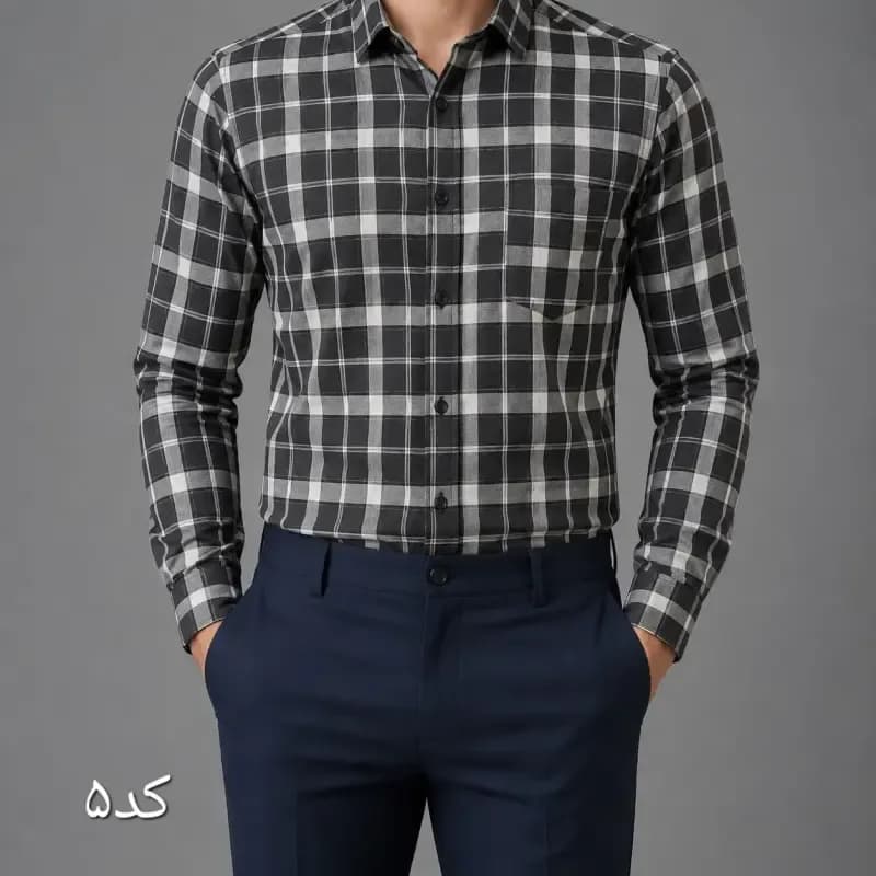 پیراهن مردانه نخی آستین بلند چهارخانه تک جیب — تصویر ۶