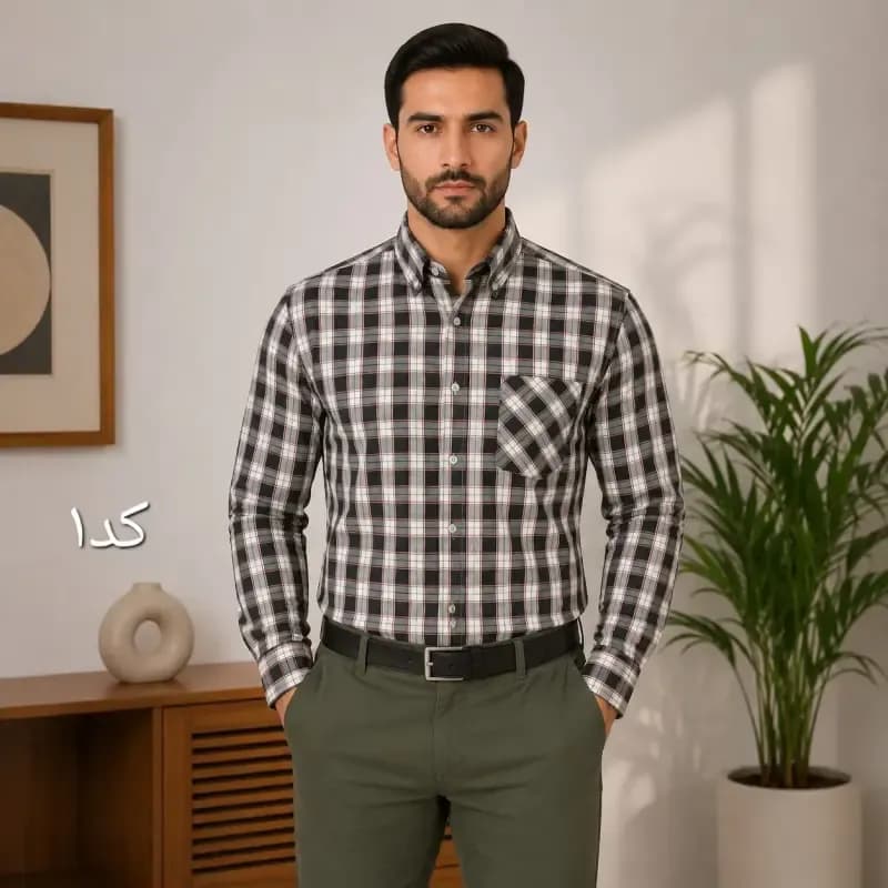 پیراهن آستین بلند مردانه چهارخانه تک جیب قواره بزرگ — تصویر ۴