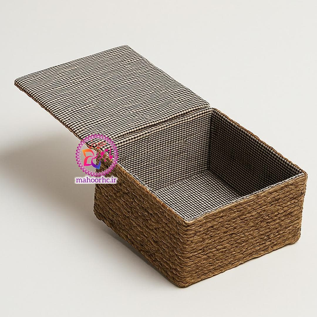 باکس حصیری قهوه ای درب‌دار چوبی با آستر پارچه‌ای (جانونی) | نظم دهنده و دکور جذاب — تصویر ۲