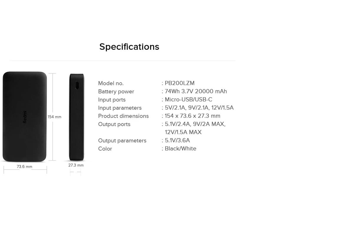 پاور بانک فست شارژ شیائومی Redmi PB200LZM 18W High Copy ظرفیت 20000 میلی آمپر ساعت گلوبال — تصویر ۳
