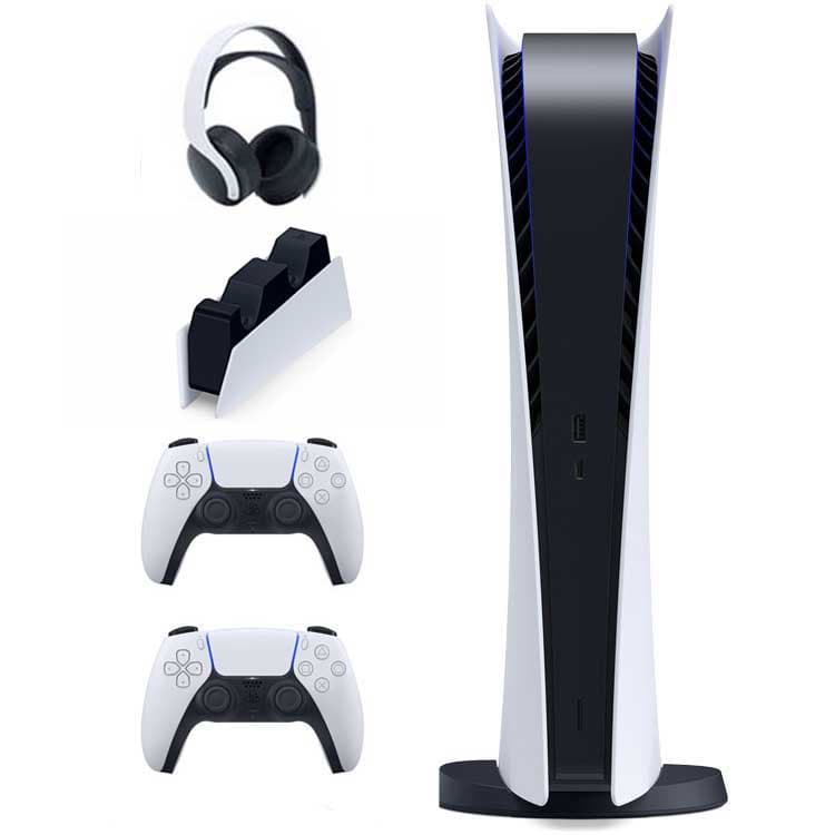 کنسول PS5 Digital + یک کنترلر اضافه + هدست Pulse 3D + پایه شارژ دوال سنس