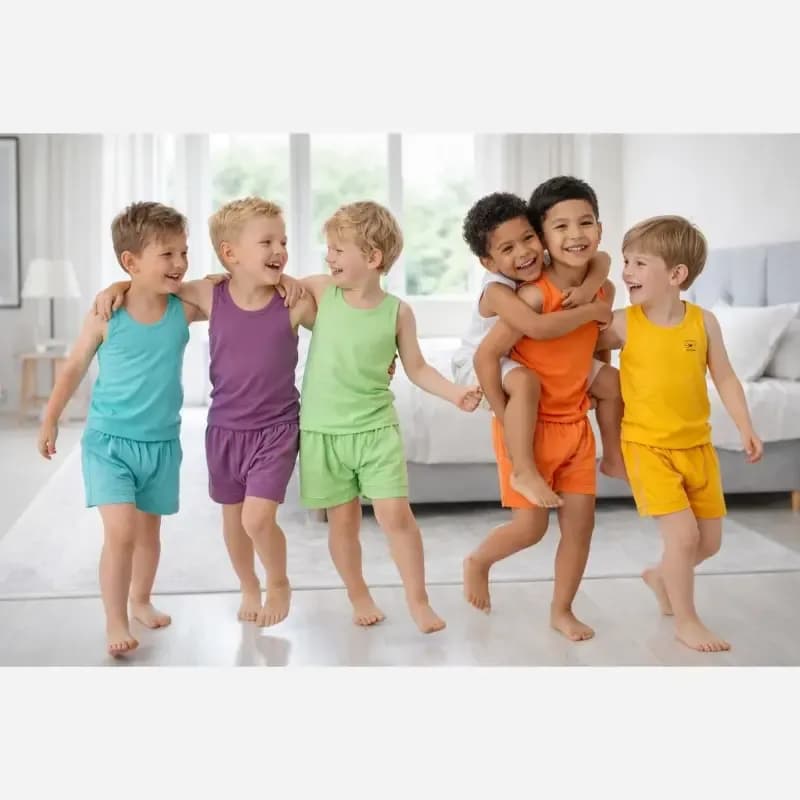 ست رکابی و شورت پسرانه نخ پنبه سوپر در 6 رنگ شاد و ضد حساسیت — تصویر ۵