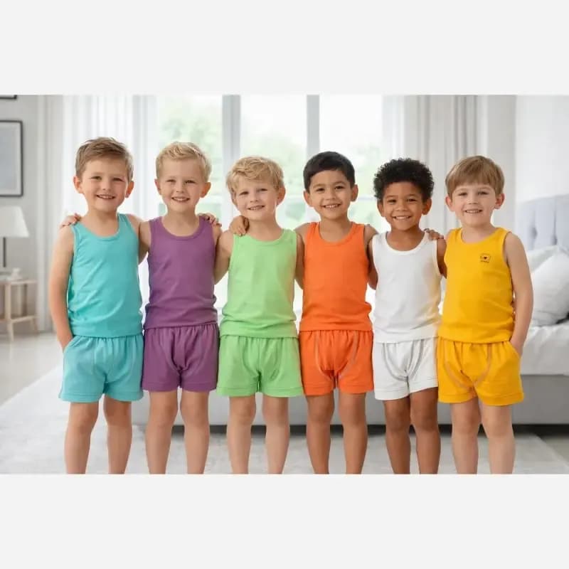ست رکابی و شورت پسرانه نخ پنبه سوپر در 6 رنگ شاد و ضد حساسیت — تصویر ۳