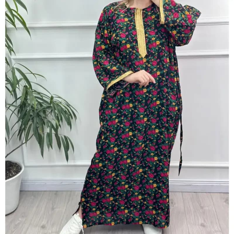 پیراهن ساحلی زنانه ترکمنستان طلاکوب گل ریز فری سایز تا 54 جنس نخی چهارفصل شیک — تصویر ۳