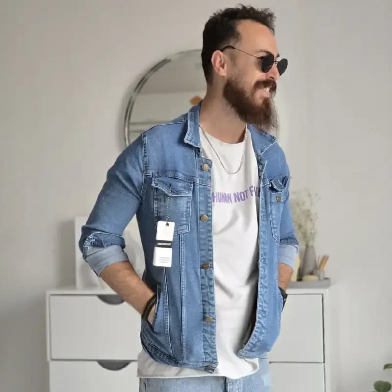 کت جین مردانه تمام کش ترک رنگ آبی روشن و آبی تیره فری سایز مناسب وزن 45 تا 60 کیلوگرم — تصویر ۷