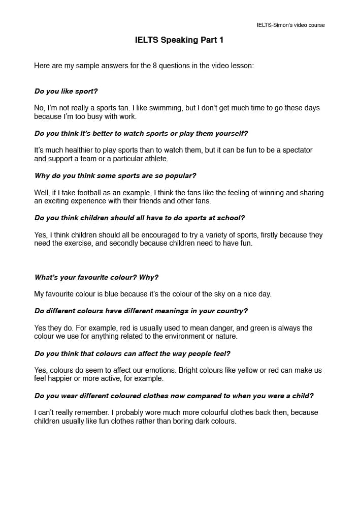 کتاب Speaking, lesson 2, PDF, Speaking Part 1 worksheet (اسپیکینگ، درس ۲، PDF، کاربرگ بخش ۱) نسخه انگلیسی PDF