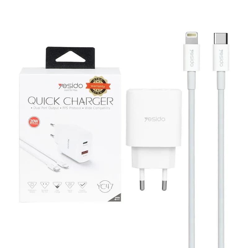 شارژر دیواری Yesido مدل YC47 به همراه کابل شارژ Lightning — تصویر ۴