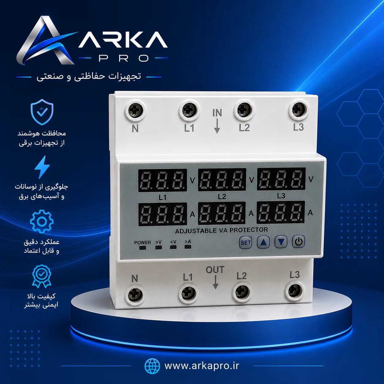 محافظ ولتاژ و جریان سه فاز ۶۳ آمپر ARKA Pro مدل PFAVP-1-63A/4P چهار پل