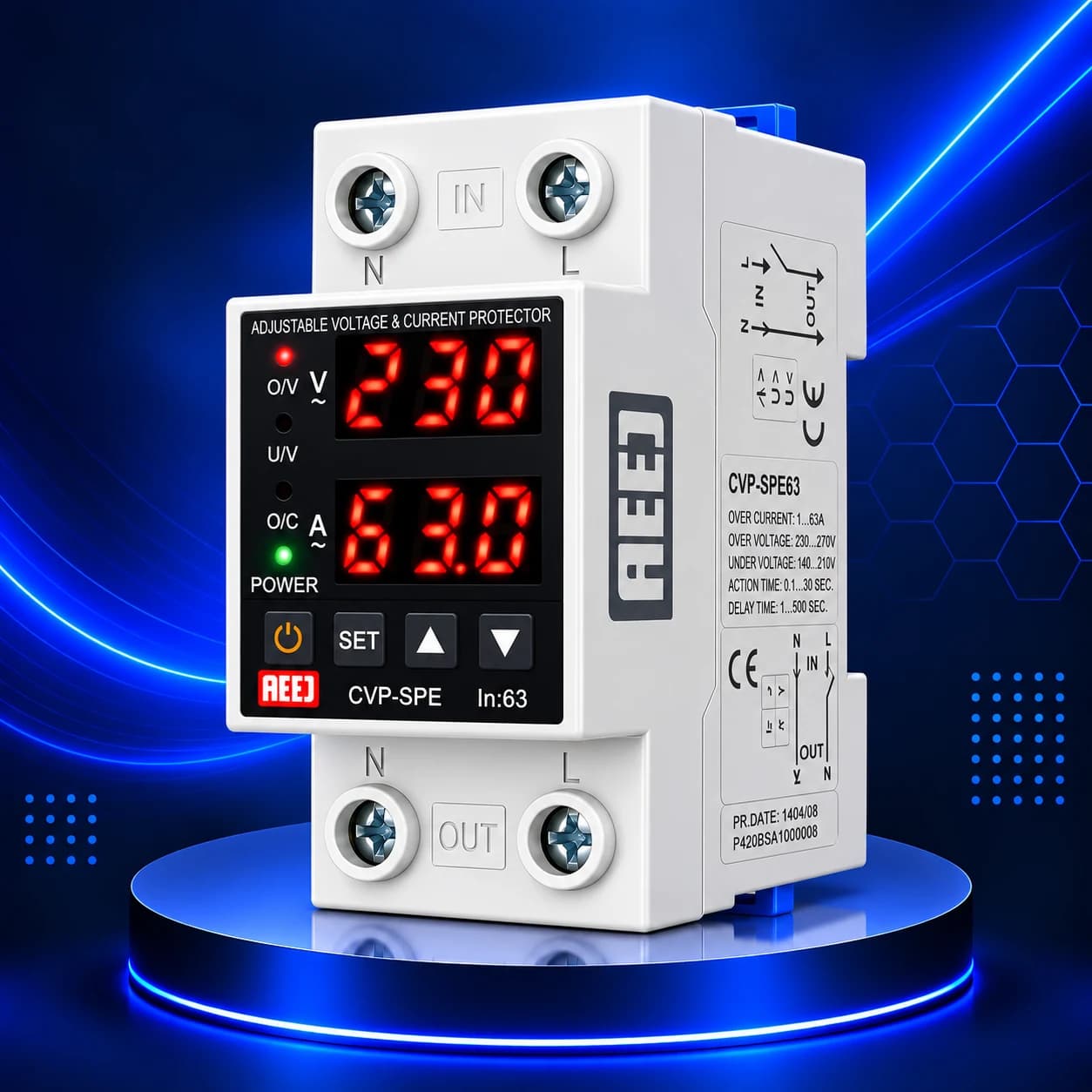 محافظ ولتاژ و جریان تک فاز ۶۳ آمپر AEEJ مدل CVP-SPE63
