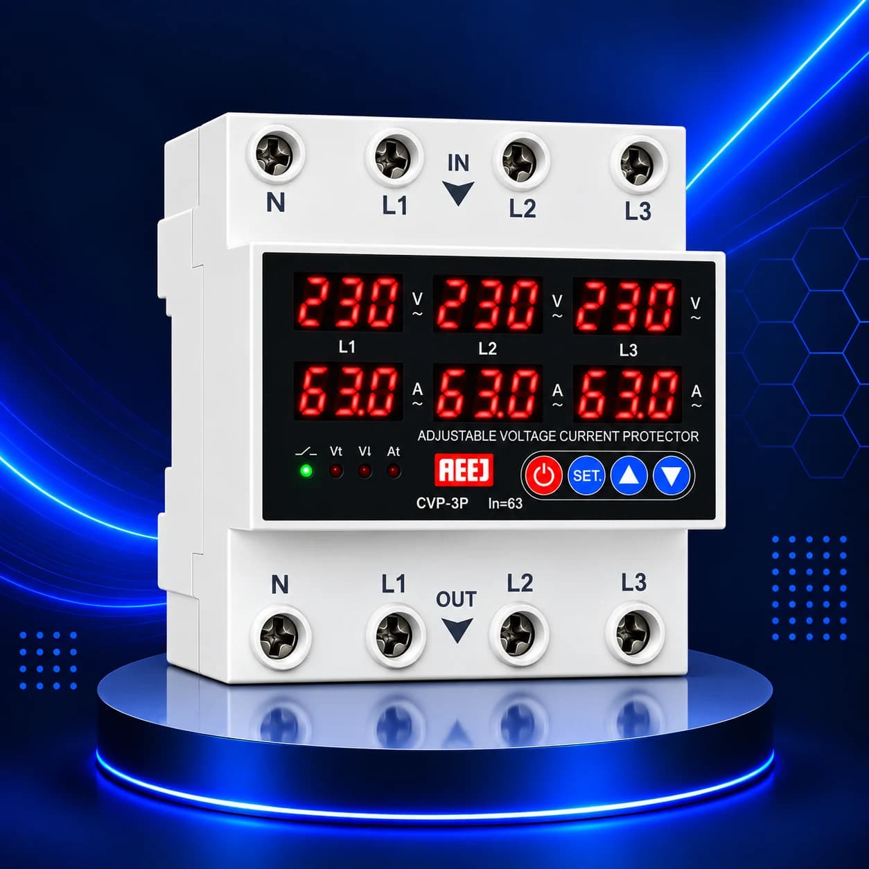 محافظ ولتاژ و جریان سه فاز 63 آمپر AEEJ مدل CVP-3P-63