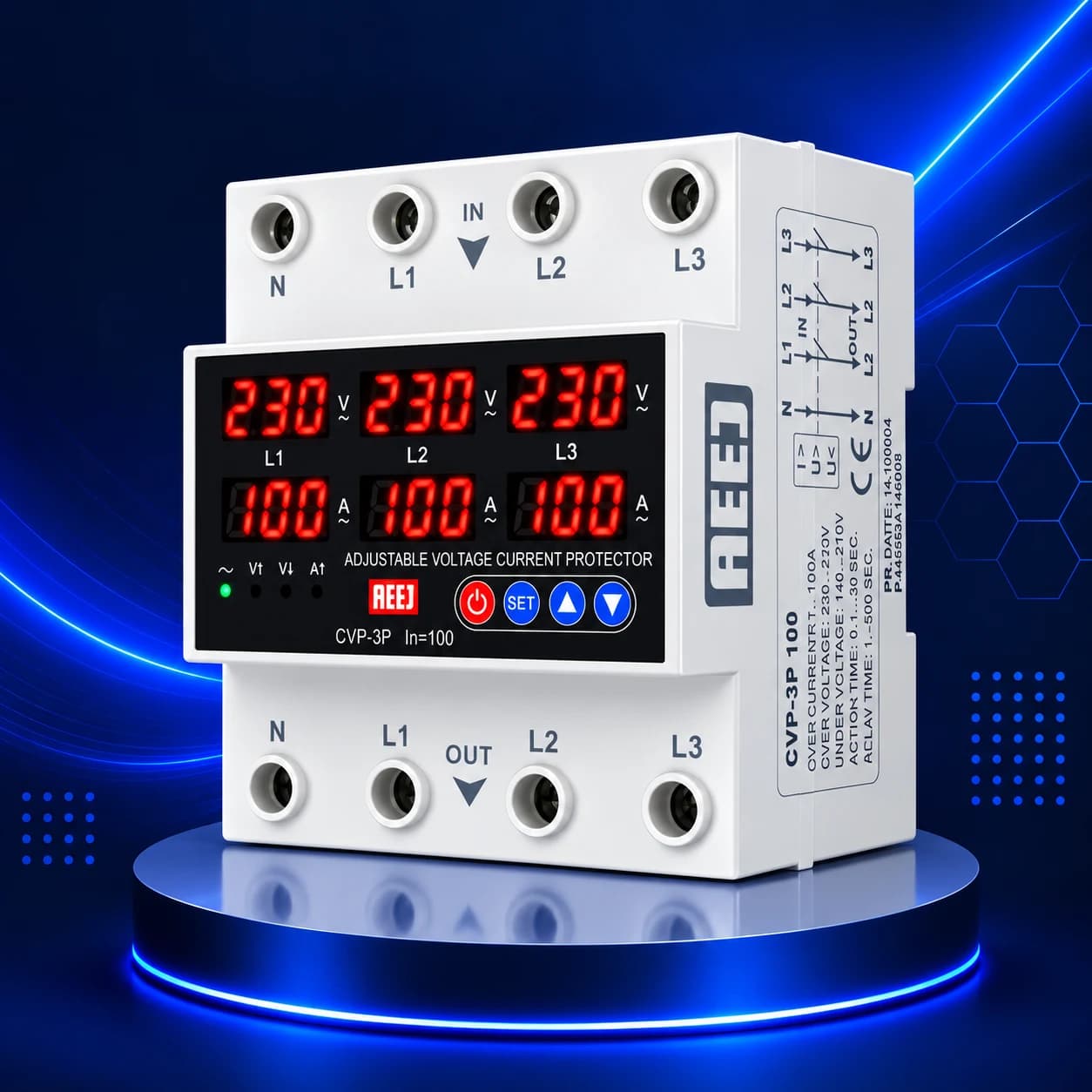 محافظ ولتاژ و جریان سه فاز ۱۰۰ آمپر AEEJ مدل CVP-3P-100