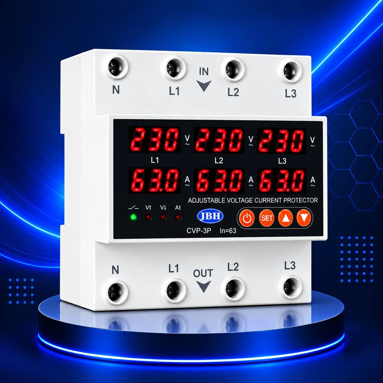 محافظ ولتاژ و جریان سه فاز 63 آمپر JBH مدل CVP-3P-S63A
