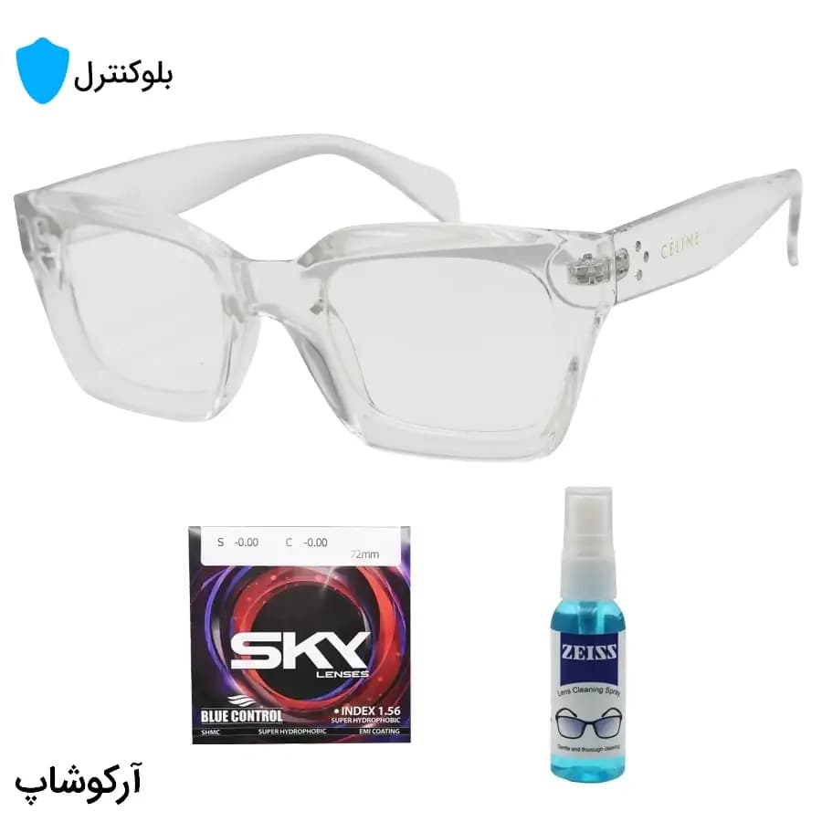 عینک بلوکنترل با فریم شکل مربعی، رنگ بی‌رنگ و شفاف، برند Celine و لنز بلوکنترل کره‌ای برند SKY مدل 9088