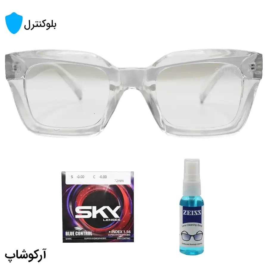 عینک بلوکنترل با فریم شکل مربعی، رنگ بی‌رنگ و شفاف، برند Celine و لنز بلوکنترل کره‌ای برند SKY مدل 9088 — تصویر ۳