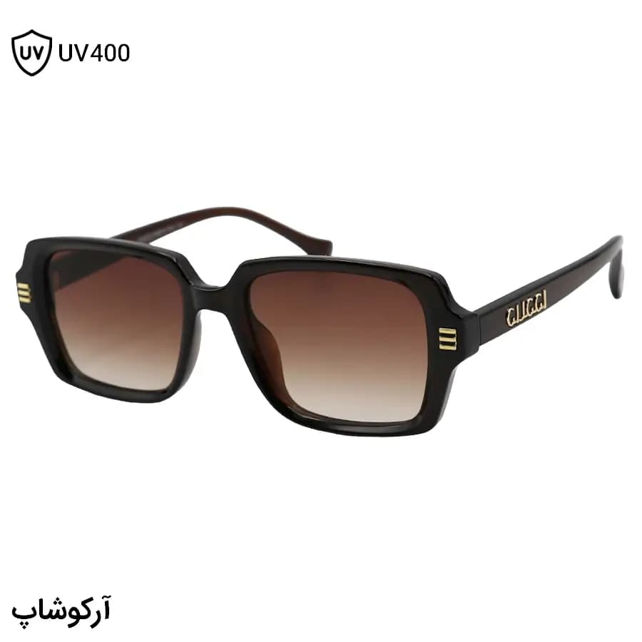عینک آفتابی GUCCI با فریم مستطیلی شکل، رنگ قهوه‌ای براق و لنز قهوه‌ای هایلایت مدل 1136