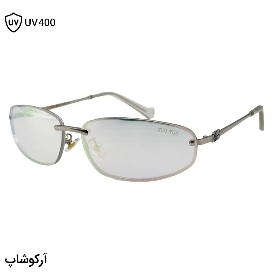 عینک آفتابی زنانه MIU MIU با فریم نقره‌ای رنگ، شکل بیضی و لنز آینه‌ای و نقره‌ای رنگ مدل 22701