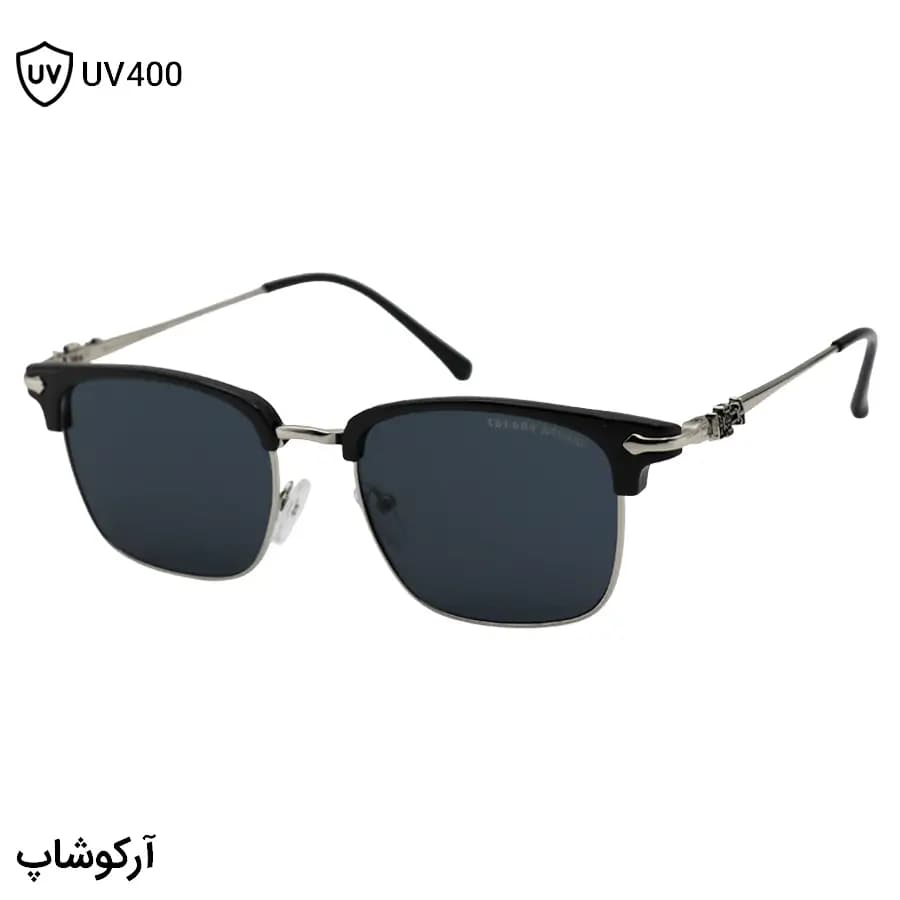 عینک آفتابی Chrome Hearts با فریم شکل کلاب مستر، رنگ مشکی و نقره‌ای و لنز دودی تیره مدل 25553