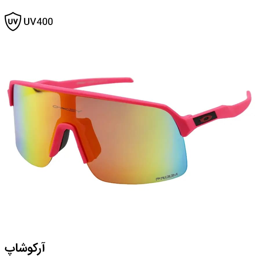 عینک ورزشی OAKLEY مدل سوترو (SUTRO) با فریم صورتی مات و لنز جیوه‌ای چند رنگ کد 25552