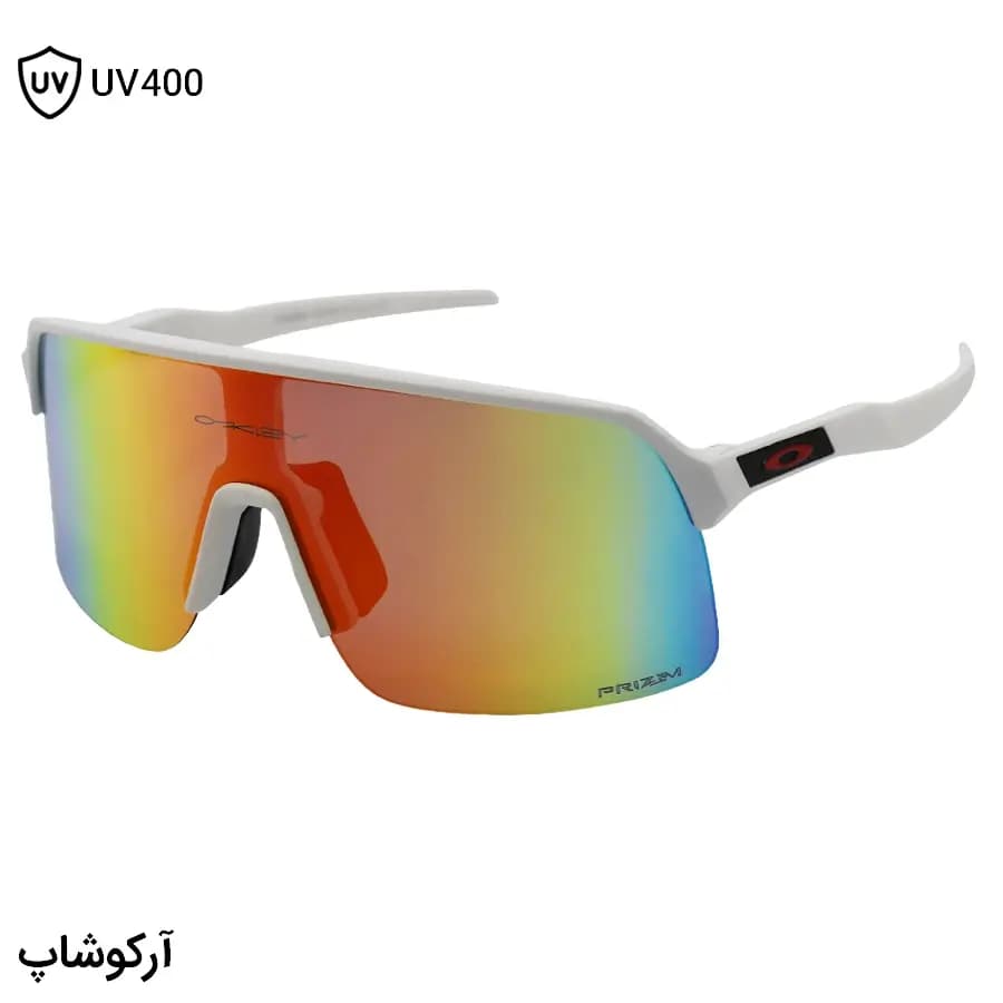 عینک ورزشی OAKLEY مدل سوترو (SUTRO) با فریم سفید مات و لنز جیوه‌ای چند رنگ کد 25552