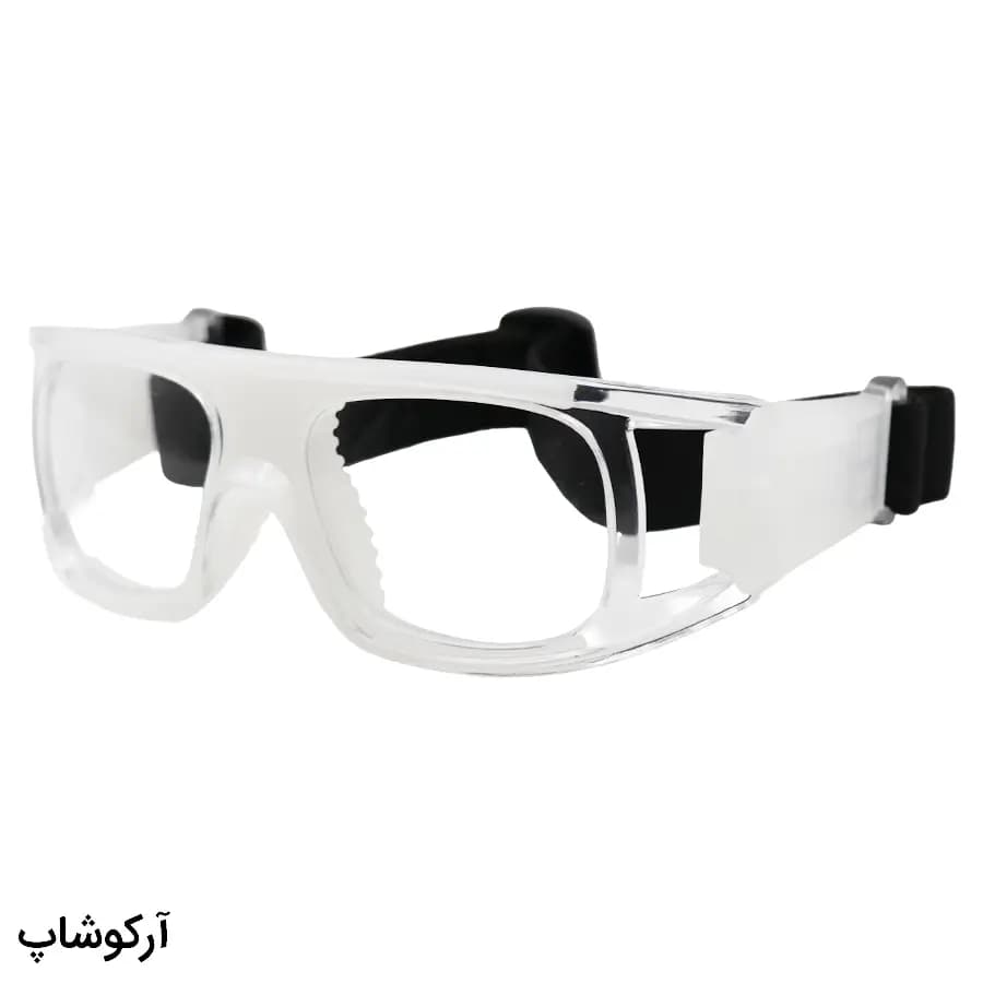 عینک طبی ورزشی با فریم بی‌رنگ و بند مشکی برای فوتبال، والیبال، بسکتبال، فوتسال و هندبال مدل DX008