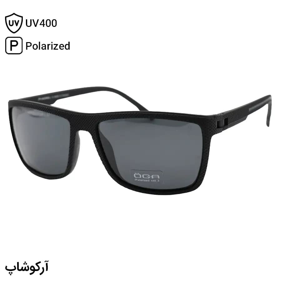 عینک آفتابی OGA MOREL با فریم مشکی مات، مستطیلی شکل، دسته فنری، لنز دودی تیره و پلاریزه مدل P78051 — تصویر ۲