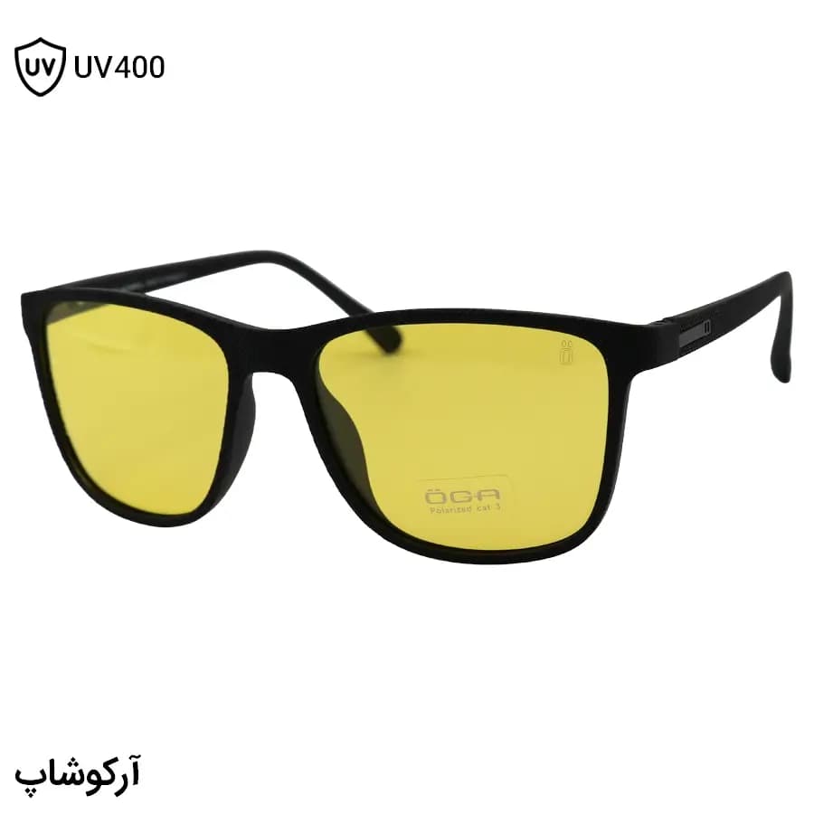 عینک دید در شب OGA MOREL با فریم مشکی مات، شکل مربعی، دسته فنردار و لنز زرد رنگ مدل P78012