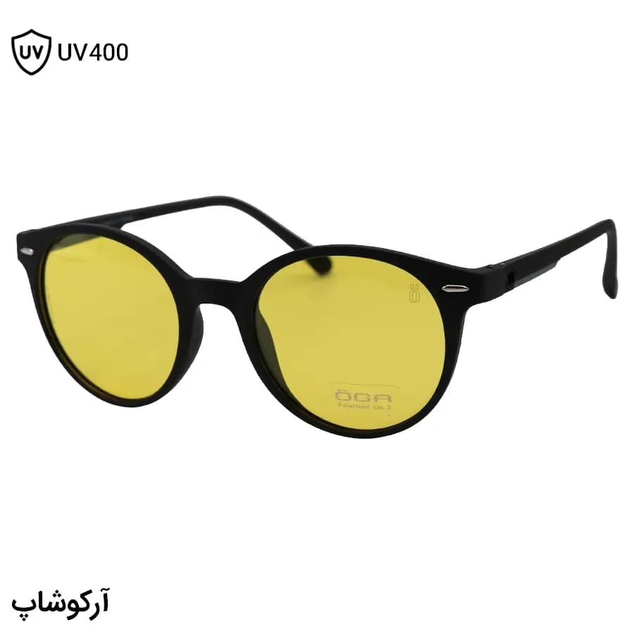 عینک دید در شب اوگا مورل با فریم مشکی مات، شکل گرد، دسته فنردار و لنز زرد رنگ مدل P78055