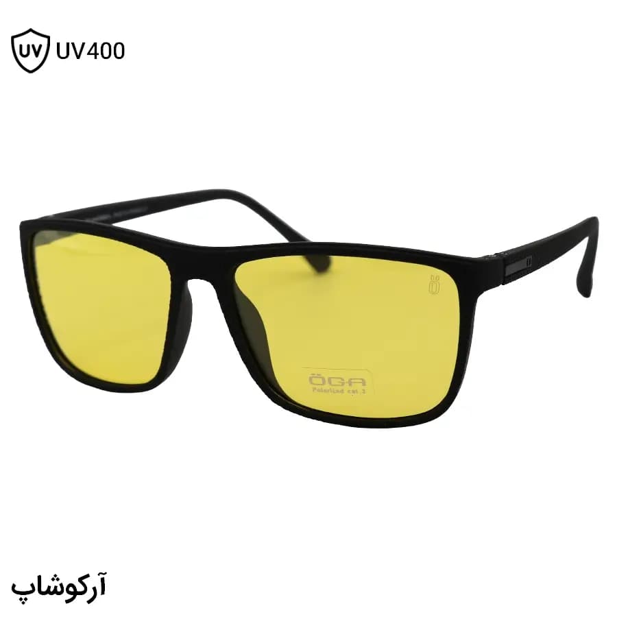 عینک دید در شب OGA MOREL با فریم مشکی مات، شکل مستطیلی، دسته فنردار و لنز زرد رنگ مدل P78013
