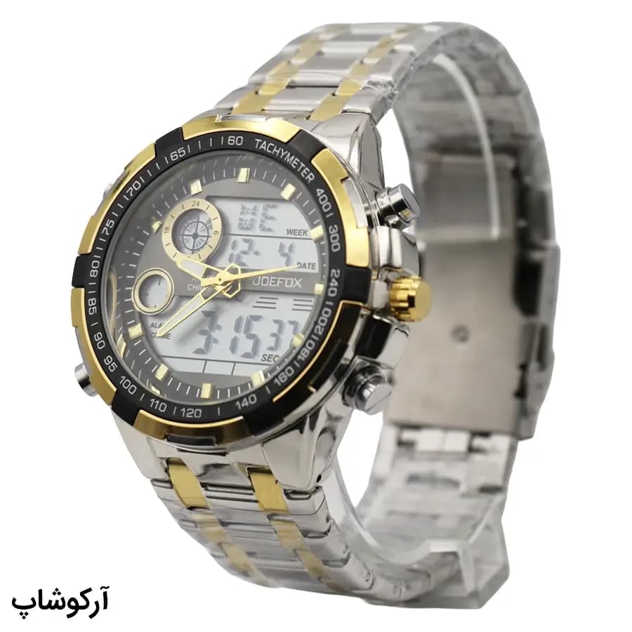 ساعت مردانه JOEFOX نقره‌ای-طلایی، صفحه مشکی، بند استیل دو رنگ، قاب گرد، موتور کوارتز و قفل جمع‌شونده دکمه‌دار مدل JF3009 — تصویر ۳