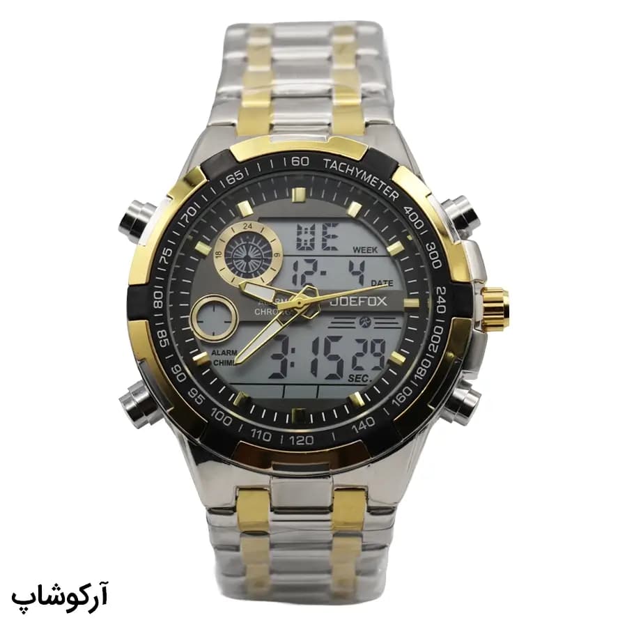 ساعت مردانه JOEFOX نقره‌ای-طلایی، صفحه مشکی، بند استیل دو رنگ، قاب گرد، موتور کوارتز و قفل جمع‌شونده دکمه‌دار مدل JF3009