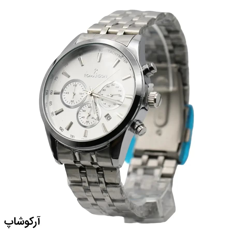 ساعت مردانه ROMANSON نقره‌ای، صفحه سفید، بند استیل نقره‌ای، قاب گرد، موتور کوارتز کرنوگراف و قفل تاشو مدل RM0228W — تصویر ۳