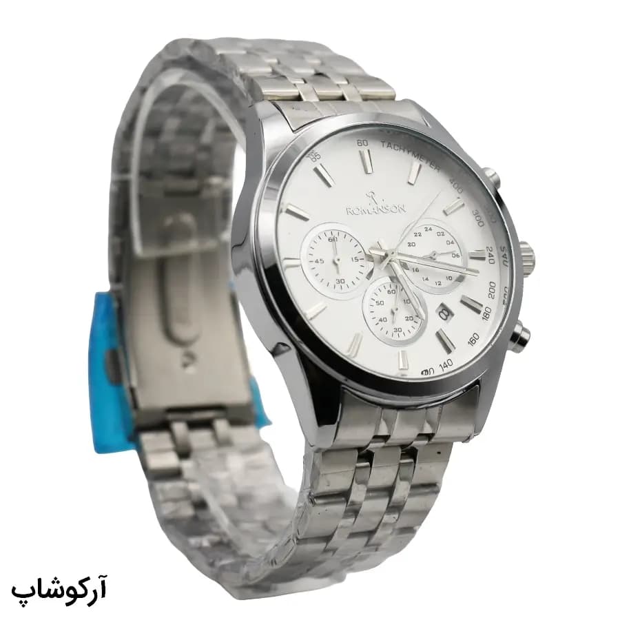 ساعت مردانه ROMANSON نقره‌ای، صفحه سفید، بند استیل نقره‌ای، قاب گرد، موتور کوارتز کرنوگراف و قفل تاشو مدل RM0228W — تصویر ۴