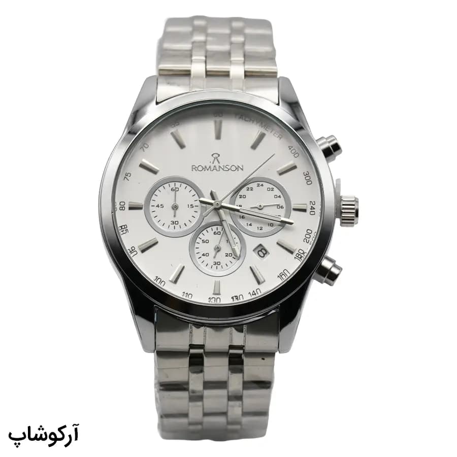 ساعت مردانه ROMANSON نقره‌ای، صفحه سفید، بند استیل نقره‌ای، قاب گرد، موتور کوارتز کرنوگراف و قفل تاشو مدل RM0228W