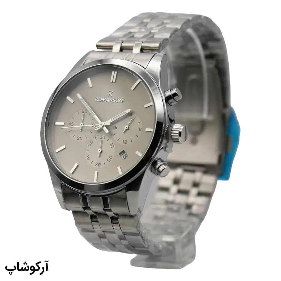 ساعت مردانه رومانسون نقره‌ای، صفحه طوسی، بند استیل نقره‌ای، قاب گرد، سه موتور فعال کرنوگراف، نمایش تاریخ و 24 ساعته، قفل تاشو مدل RM0228T — تصویر ۳