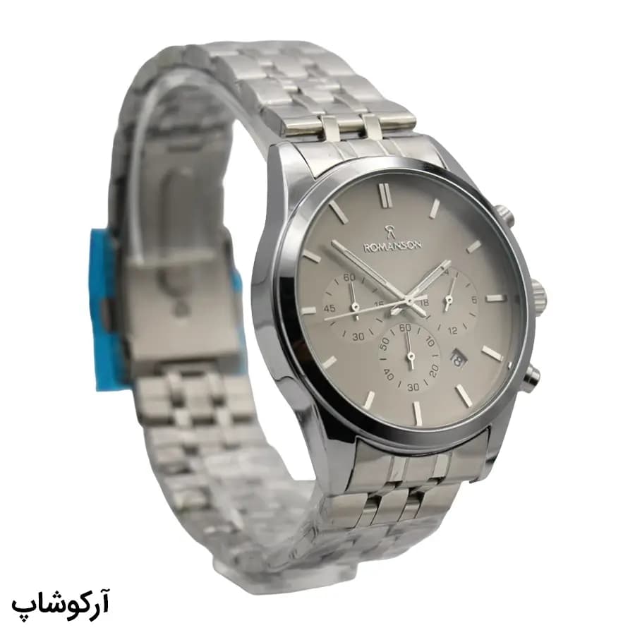 ساعت مردانه رومانسون نقره‌ای، صفحه طوسی، بند استیل نقره‌ای، قاب گرد، سه موتور فعال کرنوگراف، نمایش تاریخ و 24 ساعته، قفل تاشو مدل RM0228T — تصویر ۴