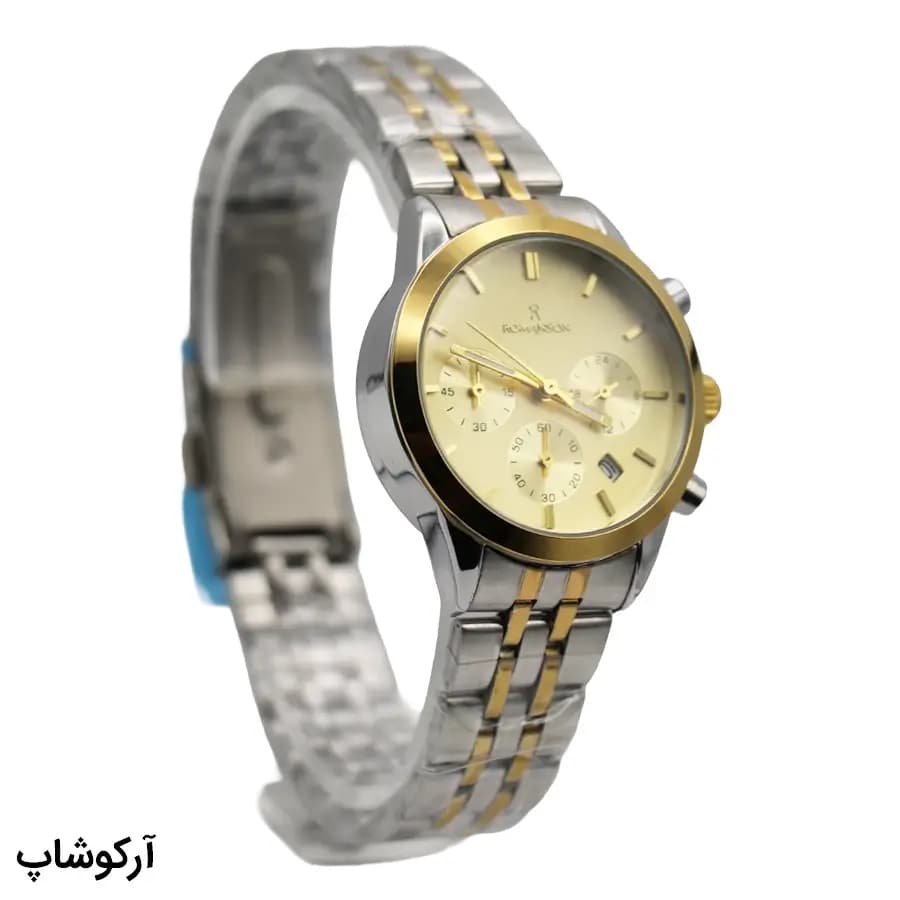 ساعت ست مردانه و زنانه ROMANSON نقره‌ای طلایی، صفحه طلایی شامپاینی، بند استیل، قاب گرد، کرنوگراف، نمایش تاریخ و قفل تاشو مدل RM0228N — تصویر ۵