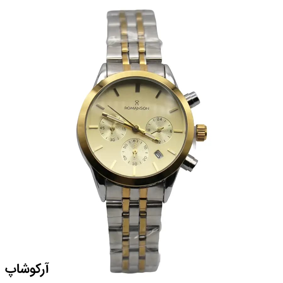 ساعت ست مردانه و زنانه ROMANSON نقره‌ای طلایی، صفحه طلایی شامپاینی، بند استیل، قاب گرد، کرنوگراف، نمایش تاریخ و قفل تاشو مدل RM0228N — تصویر ۳