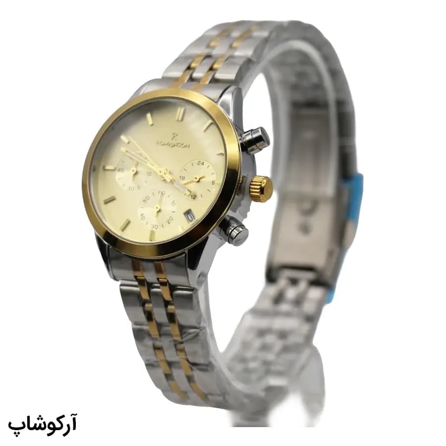 ساعت ست مردانه و زنانه ROMANSON نقره‌ای طلایی، صفحه طلایی شامپاینی، بند استیل، قاب گرد، کرنوگراف، نمایش تاریخ و قفل تاشو مدل RM0228N — تصویر ۴