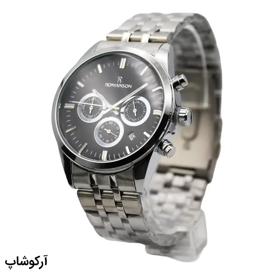 ساعت مردانه رومانسون نقره‌ای، صفحه مشکی، بند استیل نقره‌ای، قاب گرد، موتور کوارتز کرنوگراف و قفل تاشو مدل RM0228H — تصویر ۳