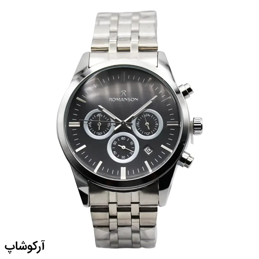 ساعت مردانه رومانسون نقره‌ای، صفحه مشکی، بند استیل نقره‌ای، قاب گرد، موتور کوارتز کرنوگراف و قفل تاشو مدل RM0228H — تصویر ۲