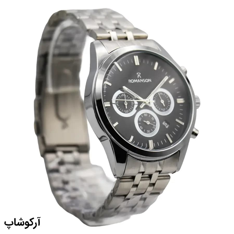 ساعت مردانه رومانسون نقره‌ای، صفحه مشکی، بند استیل نقره‌ای، قاب گرد، موتور کوارتز کرنوگراف و قفل تاشو مدل RM0228H — تصویر ۴