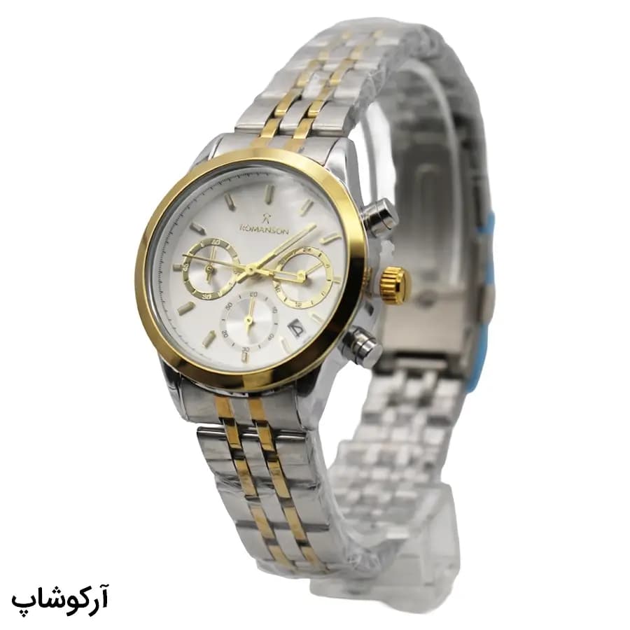 ساعت ست مردانه و زنانه رومانسون استیل دو رنگ کرنوگراف، صفحه سفید، بند استیل دو رنگ، قاب گرد، موتور کوارتز، قفل تاشویی مدل RM0228F — تصویر ۴