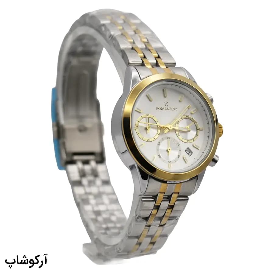 ساعت ست مردانه و زنانه رومانسون استیل دو رنگ کرنوگراف، صفحه سفید، بند استیل دو رنگ، قاب گرد، موتور کوارتز، قفل تاشویی مدل RM0228F — تصویر ۵
